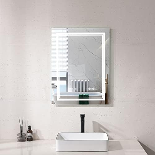 מראה חדר אמבטיה של Vokim LED 36 x 28 עם כפתור מגע קדמי ותאורה אחורית, מראות קיר לעמעום ללא צעד עם