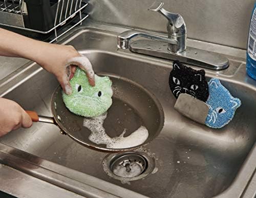 Kikkerland Kitty Cat Scrub Spogs ניתנים לשימוש חוזר, לשפשוף, ניקוי, שטיפת כלים, קרצופי מטבח, סט