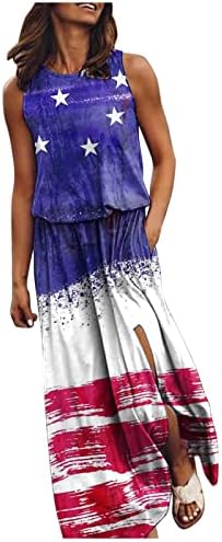 שמלת 4 ביולי לנשים כוכבים פטריוטיים מזדמנים הדפס פסים ארוך שמלת מקסי שמלת בוהו קיץ חוף חוף שינה עם כיס