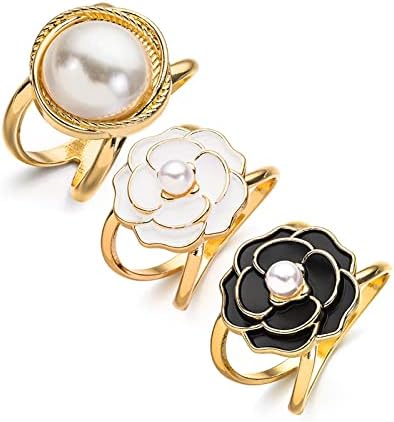 3 יחידות אלגנטי פרל פרחוני צעיף טבעת קליפ קמליה פרח צעיף אבזם לנשים צעיף טבעת אבזם נשים אופנה