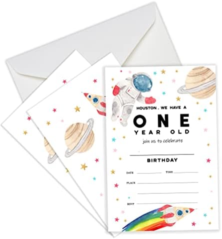 Mopwe 20 חבילה אסטרונאוט הזמנות למסיבת יום הולדת 1 עם מעטפות, הזמנה למסיבה בת שנה לבנות בנות, הזמנות למסיבות