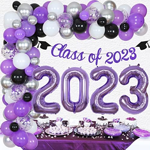 2023 סיום קישוטי סגול כסף ושחור בלון זר קשת ערכת כיתת של 2023 באנר מספר 2023 בלון עבור 2023