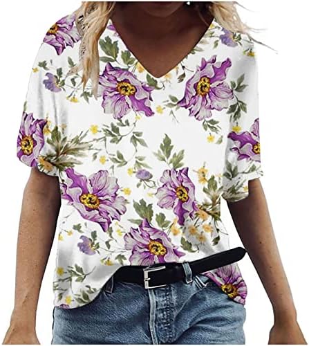 צמרות קיץ נשים 2023 שרוול קצר לבוש מזדמן V צוואר חולצות טורטרים פלוס חולצה פרחונית בגודל חמוד