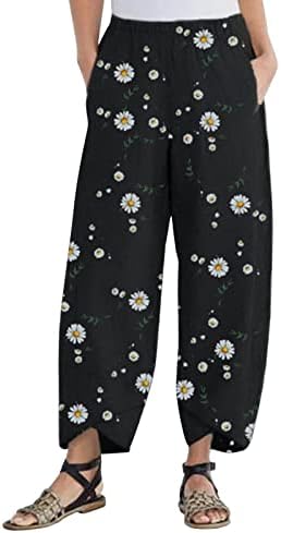 מכנסי פשתן כותנה של Dsodan, חוף קל משקל רחב רגל רופף יוגה קפריס דייזי פרחים מודפסים מכנסיים עם כיסים