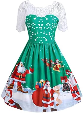 שמלת תחרה פרחונית אלגנטית לנשים חג המולד סנטה קלאוס שרוולים קצרים שמלות מודפסות סגנון וינטג 'שמלת מסיבות קו