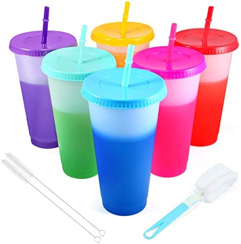 כוסות להחלפת צבע עם מכסים וקשיות-6 מארז 24 אונקיות כוסות פלסטיק לשימוש חוזר עם מכסים וקשיות למבוגרים