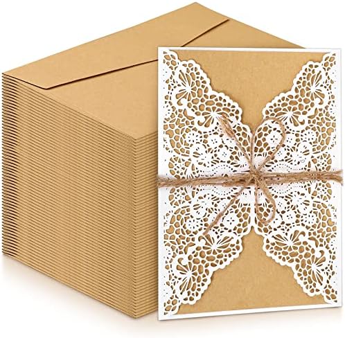 קרטין 100 חתיכות כרטיסי הזמנות לחתונה פרח תחרה חתוך בלייזר עם מעטפות גיליון פנימיות ריקות וחבל קנבוס לאירוסין