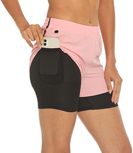 Movup Womens המריץ מכנסיים קצרים 2 IN1 אימון יבש מהיר ספורט מכנסי כושר פעילים יוגה עם כיסי טלפון
