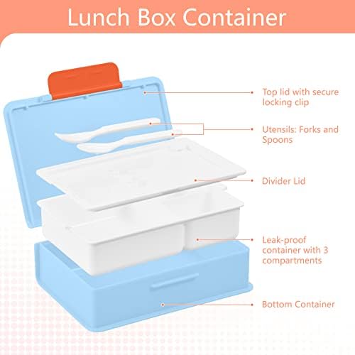 קיגאי כחול דפוס מסומן קופסת אוכל מיכל 1000 מל קופסת בנטו עם מזלגות כף 3 תאים מיכלי אחסון מזון למבוגרים,