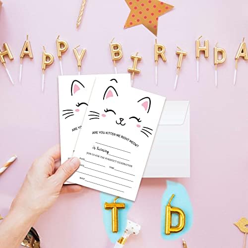 Axamdam Pink חתלתול כרטיסי הזמנות ליום הולדת, הזמנות למסיבות חתולים לילדים נערים ונערות, 20 קלפים