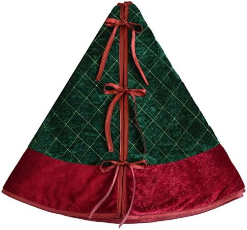 חצאית עץ חג המולד של קטיפה ירוקה קטיפה מרופדת, סריג יהלומים, עץ חג המולד של קטיפה אדומה-48 אינץ '