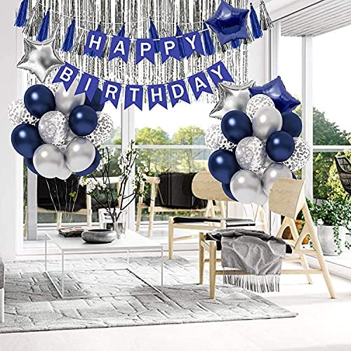 כחול מסיבת יום הולדת קישוטים, אספקת יום הולדת שמח, יום הולדת שמח באנר, כחול לבן כסף קונפטי לטקס בלוני עם