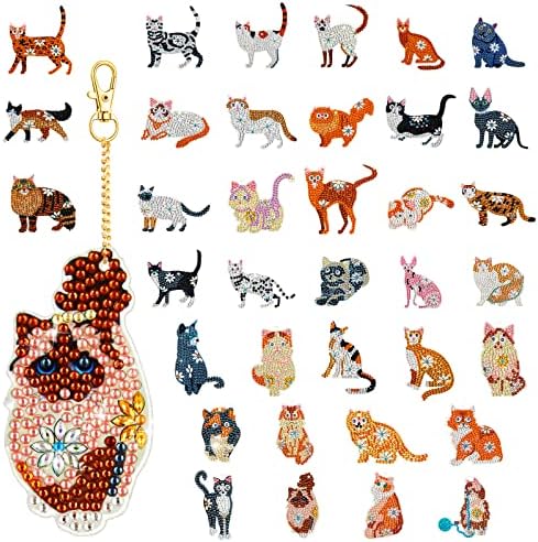 36 מחשבים מחזיקי צביעה של יהלום חתול מחזיקי מפתחות כפול צדדי מקדח מלא ריינסטון ציור ציור מפתח שרשראות מפתח