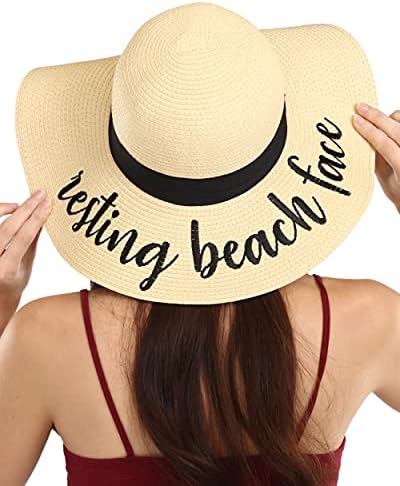 תקליטונים חוף שמש כובע לנשים-חופשה, ירח דבש רקום קש כובע-גדול, מתקפל, גדול ברים