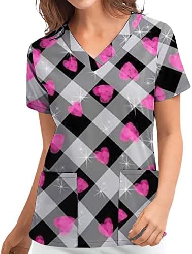 מדים עובדים לנשים אוהבים קרצוף הדפסת לב חולצת שרוול קצר בצוואר עם חולצת טריקו בכיס חג האהבה.