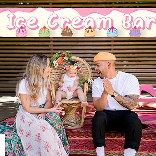 גלידה בר רקע שלט באנר גדול, אספקת קישוטי מסיבות נושא גלידה לילדים ילדים בנים ובנות, נושא גלידה ורוד מקלחת תינוק