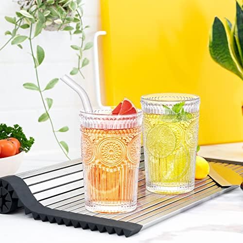 כוסות שתייה וינטג 'כלי זכוכית 13 גרם כוסות צלעות ייחודיות עם קש קש ומברשת כוסות מים רומנטי