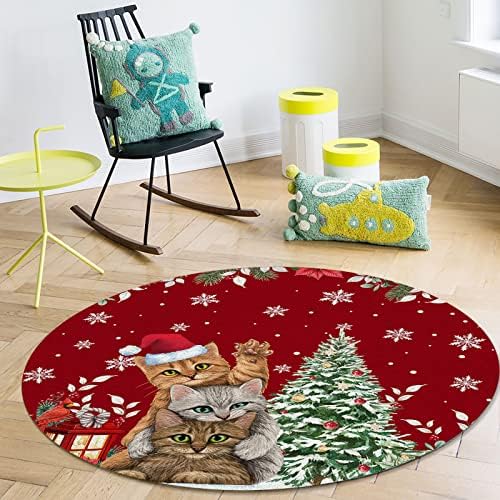 שטיח אזור עגול גדול לחדר שינה בסלון, שטיחים ללא החלקה 6ft לחדר ילדים, פרחי חג המולד חתול חג המולד עץ עץ אדום