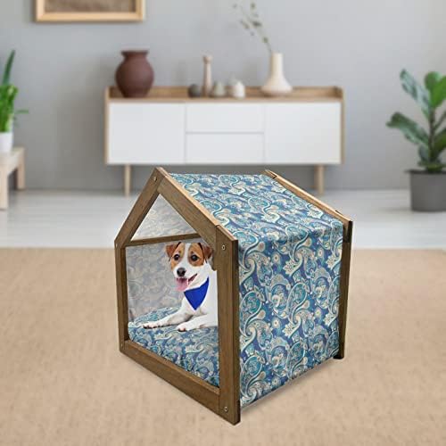 בית כלבי עץ של אמבסון פייזלי עץ, עיצוב מזרחי עם אמנות תלתלית תמצית תרבותית מופשטת, מלונה כלבים ניידת מקורה