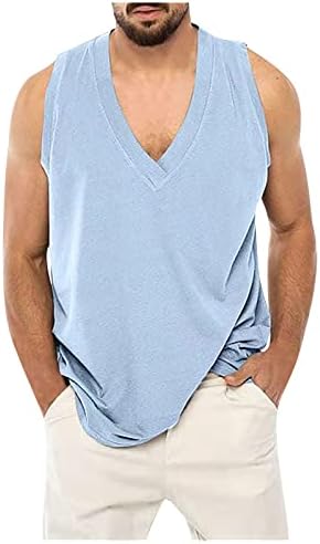HDZWW כפתור מוצק ללא שרוולים חולצות קיץ גברים מזדמנים עם צווארון V-צווארון חולצות פוליאסטר חולצות מגניבות