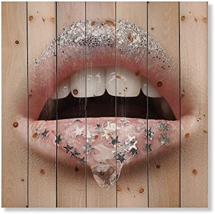 עיצוב שפתיים נשיות עם ג ' ל על השפתיים וכוכבים עיצוב קיר עץ מודרני ועכשווי, אמנות קיר מעץ כסף, לוחות קיר מעץ אנשים