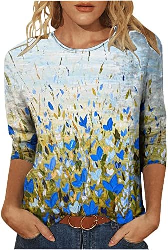 חולצת טריקו להדפס פרחוני של נשים צוואר שרוול 3/4 צוואר שרוול בכל רחבי טיז גרפי של דפוס פרחים צמרות