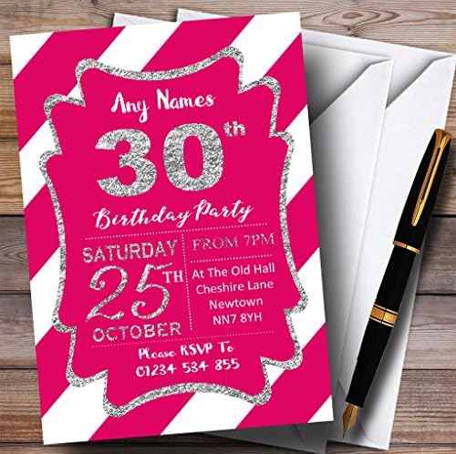 פסים אלכסוניים לבנים ורודים כסף 30 הזמנות למסיבת יום הולדת בהתאמה אישית