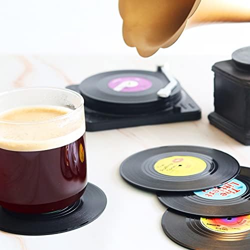 רטרו ויניל מצחיק תחתיות תקליטים למשקאות עם מחזיק נגן תקליטים ויניל לאוהבי מוסיקה, סט של 6 אמרות