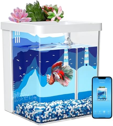 ערכת אקווריום חכמה של Eraark 1.5 גלון בטטה מיכל דגים ניקוי עצמי, תומך ב- Bluetooth, מיכל דגים עם אור LED פילטר,