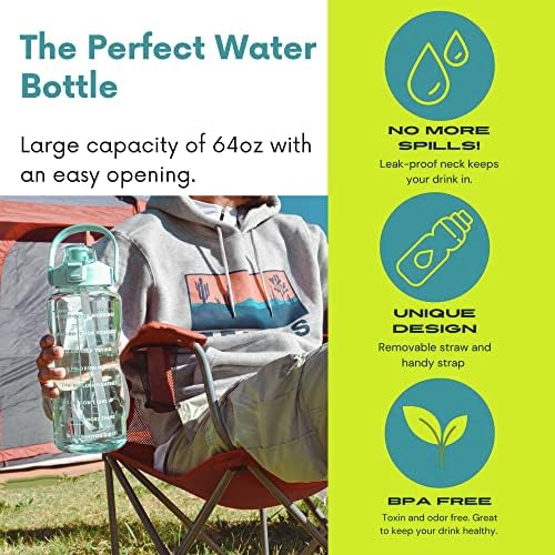 בקבוק מים 64oz עם קש קש ומכסה מכסה-דליפה BPA חינם לשימוש חוזר- ציטוטים מוטיבציוניים לחדר כושר