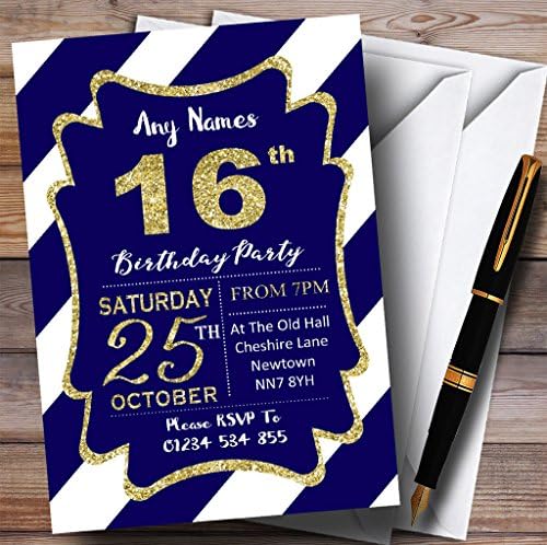 פסים אלכסוניים לבנים כחולים זהב 16 הזמנות למסיבת יום הולדת מותאמת אישית