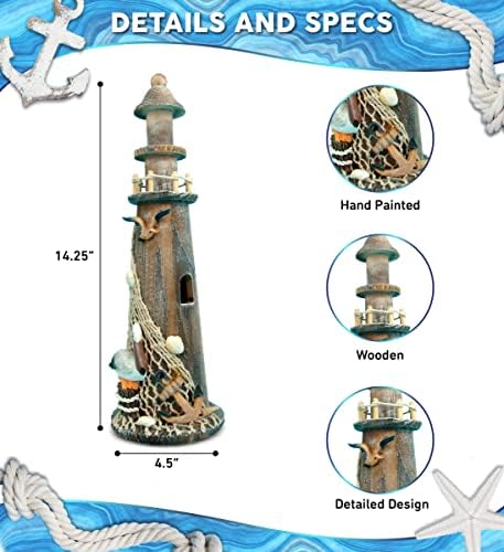 מגדלור עץ עץ תמוהות קוטה חום גלובלי - מגדלור תפאורה ימי בעבודת יד עם עיצוב אוקיינוס ​​נטו דגים, שולחן