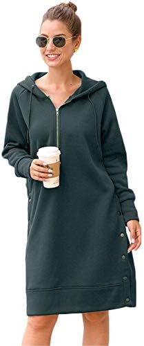 נשים מקרית סלעית רוכסן סדק אמצע ארוך סווטשירט סוודר שמלת פיצול כפתור שמלת סוודר