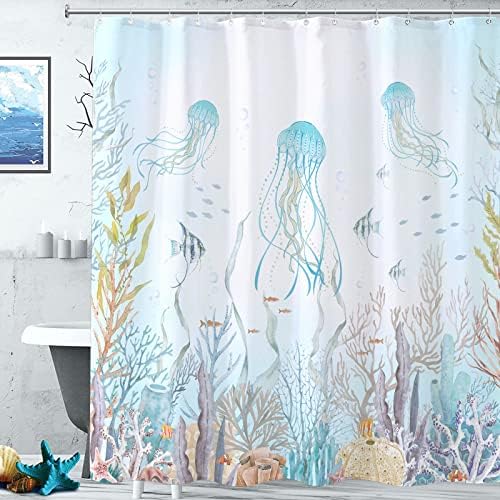 פקסדונג ימי ימי וילון מקלחת מדוזה, כחול קיץ אוקיינוס ​​חיי חוף וילון מקלחת מגניב עיצוב אמבטיה 72 × 72 אינץ '