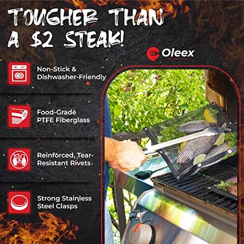 OLEEX ללא מקל BBQ RILLIGHT תיקי צלילה + מברשת מזדמת-רשת PTFE ניתנת לשימוש מחדש, אביזרי שקית גריל ברביקיו