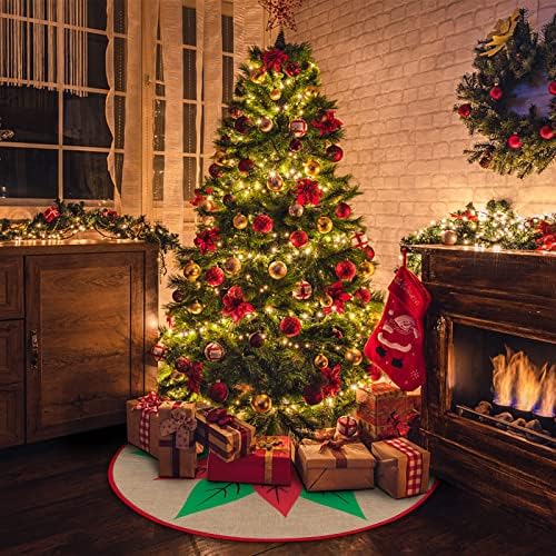 חצאית עץ יוטה לחג המולד, 48 אינץ 'אדום ירוק פרחי חג המולד מחצלת עץ לחג המולד לחג קישוטי חג מקורה בחוץ