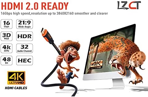 LZCT 4K מהירות גבוהה HDMI כבל 6ft עם Ethernet HDMI כבל v2.0 תומך 4K@60Hz Ultra HD 2160p 3D ARC