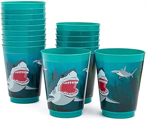 מסיבת כריש פנדה כחולה כוסות פלסטיק לשימוש חוזר, 16 חבילות