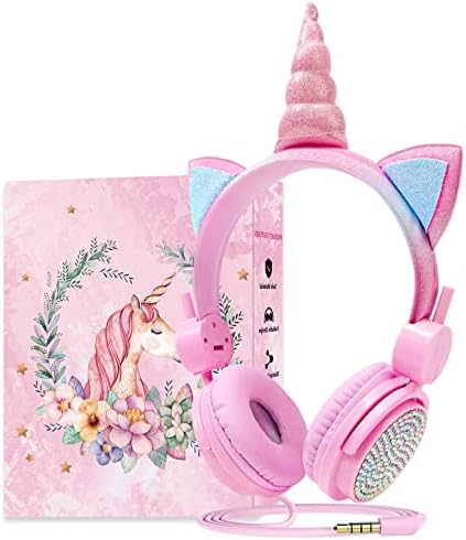 אוזניות של Lalacosy Kids, אוזניות קוויות עם אריזת מתנות כוללות מדבקה וצמיד לבנות, מיקרופון מובנה וסטריאו