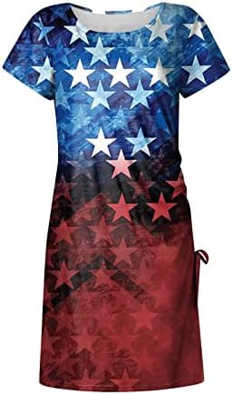 שמלת 4 ביולי חולצת טש חולצת נשים שרוול קצר פטריוטי דגל אמריקאי קרוונק שמלת מידי שמלת קיץ צד חריץ שמלת גוף