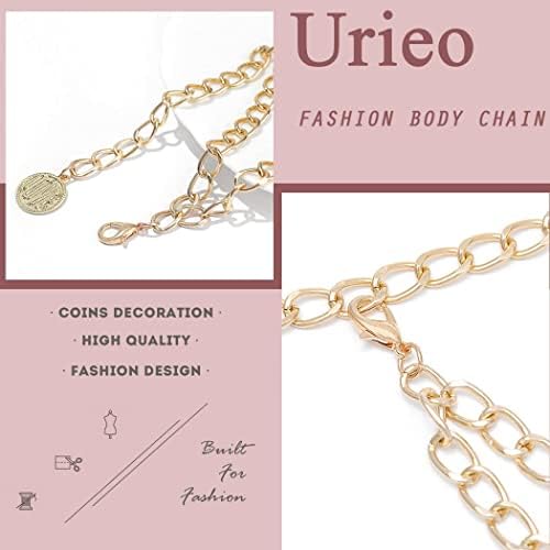 Urieo שרשרת מותניים סקסית מטבע זהב מטבע ציצית מתכת חגורת מתכת שרשראות בטן שמלה ג'ינס ביקיני תכשיטים של רשת גוף