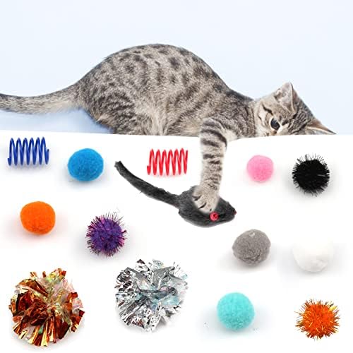60 חבילות חתול צעצועי כדורי סט ספירלת מעיינות מגוון, חתלתול כדור צעצועי מבחר, ניצוץ כדור, חתול עכבר צעצוע, חתול