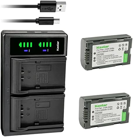Kastar 2-Pack CGR-D08S סוללה ו- Ltd2 מטען USB תואם ל- Panasonic NV-GS1, NV-GS1B, NV-GS3, NV-GS3B, NV-GS4,
