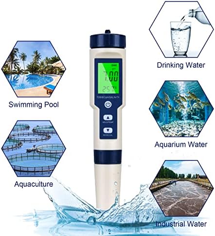 מד Serplex® TDS, 5-in-1 pH/TDS/EC/מליחות/טמפרטורה בודק איכות מים, תצוגת תאורה אחורית ירוקה של LCD, בודק איכות