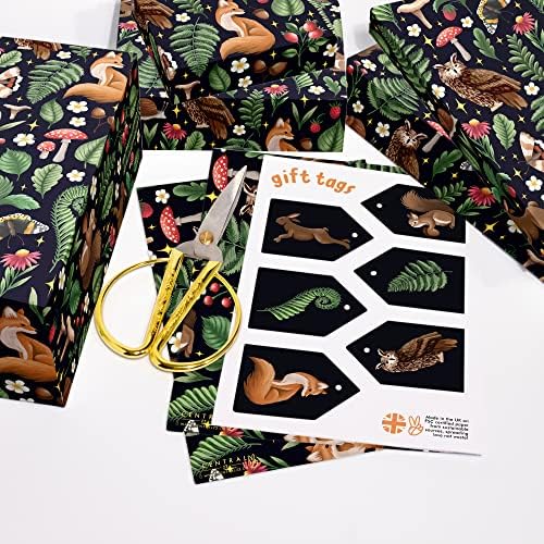 מרכזי 23 שחור גלישת נייר - 6 גיליונות של מתנה לעטוף ותגים-לילה-שועל ינשוף סנאי חילזון-יער יער חיות מתנה