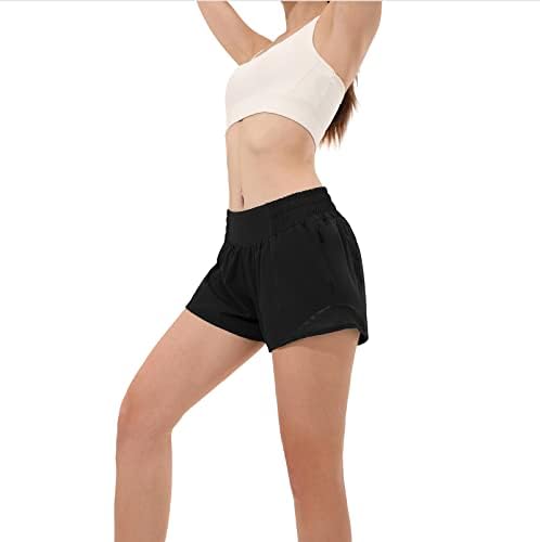 מכנסיים קצרים אתלטים בעלי מותניים גבוהים לנשים, מכנסי אימון של נשים בגודל של נשים עם כיס אניה וכיס מיקוד