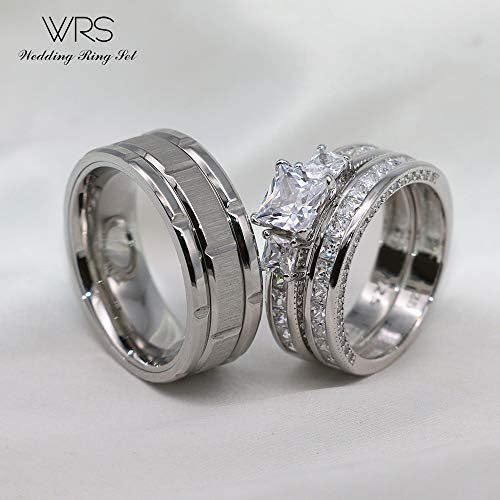 טבעת נישואין סט שלה זוגות התאמת טבעות נשים 10 קראט זהב לבן מלא כיכר חתונה אירוסין טבעת כלה סטים & מגבר; גברים