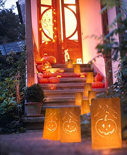 Homemory 24 חבילה ליל כל הקדושים שקיות זוהרות, מאורות עמידים בפני להבה, תיקי נרות אור תפוזים לקישוט
