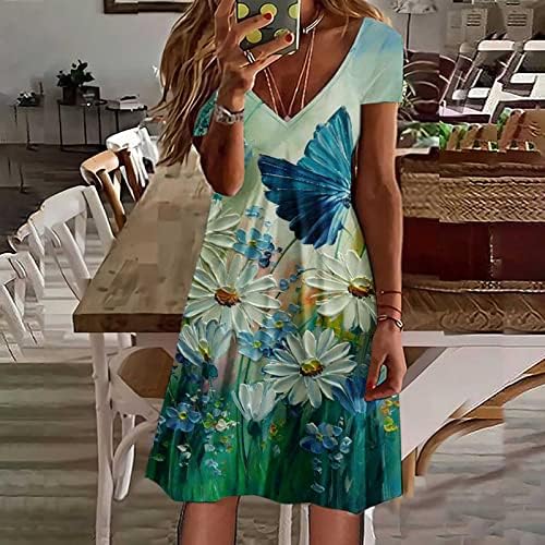 נשים של קיץ קצר שרוול שמלה מזדמן עמוק צוואר חוף שמלת אונליין נדנדה זורם מידי שמלות אלגנטי רופף