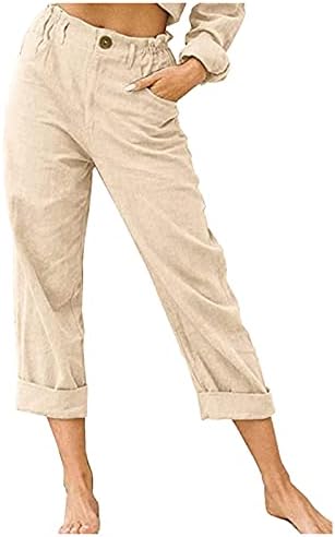 מכנסי Xiloccer לנשים מכנסי פשתן מכנסיים מכנסיים אלסטיים מזדמנים שרוך מכנסי כותנה מכנסיים המותניים